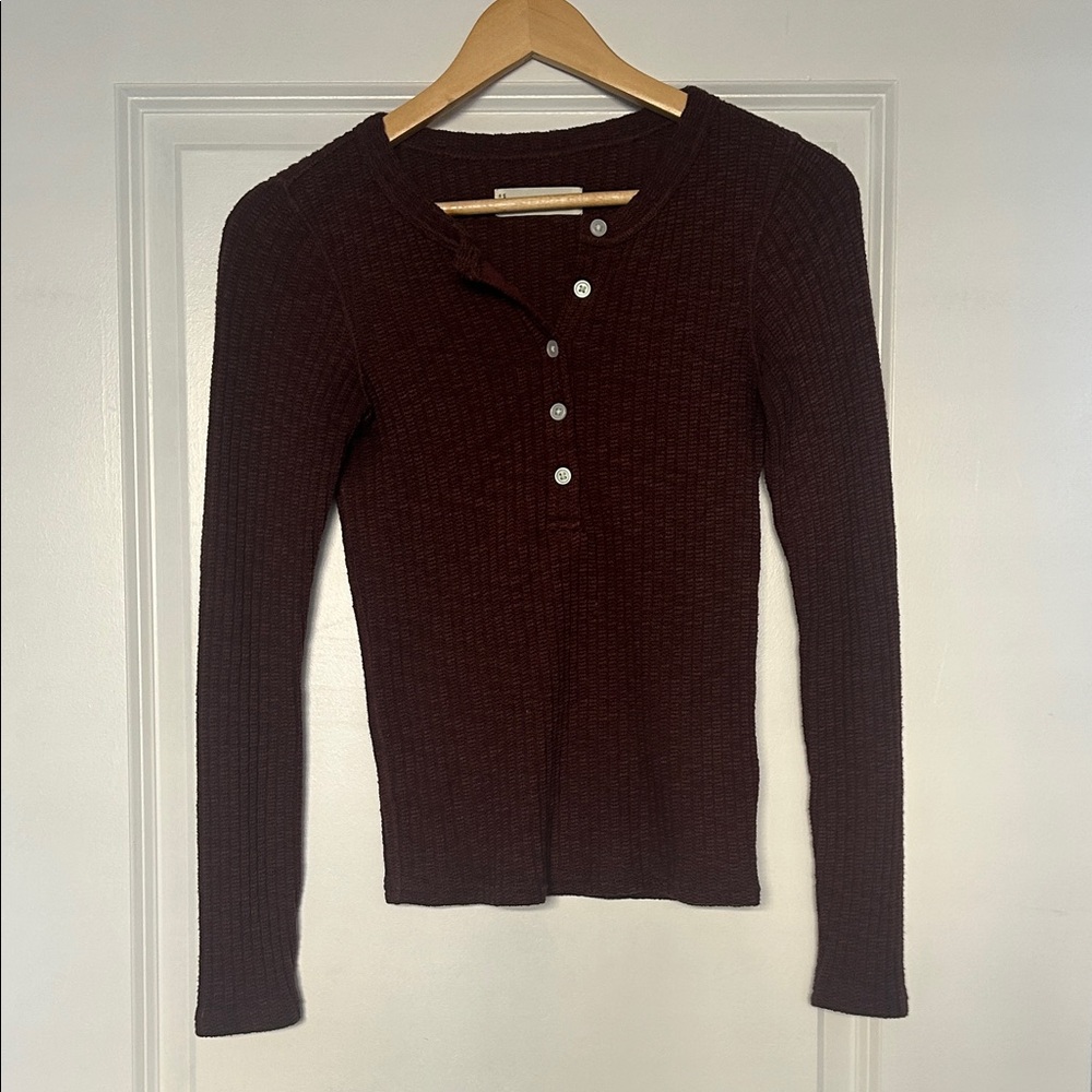 Everlane Cozy Rib Henley, Mahogony Brown, XS